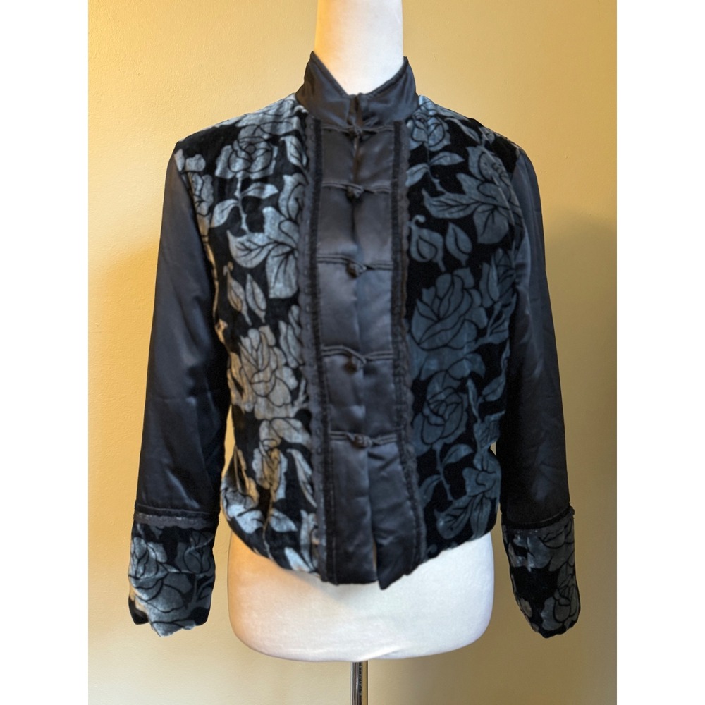 Black Velvet Rose Floral silk Jacket coat S boho whimsigoth fairy Y2K vintage‎